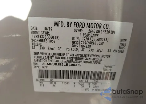 2020 Lincoln Nautilus Standard из США, поврежденный, VIN 2LMPJ8J99LBL00372